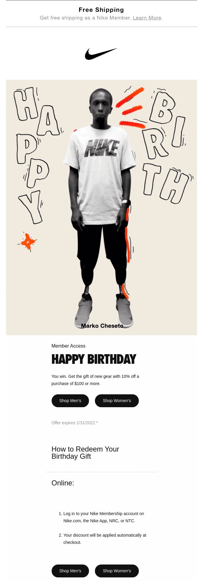 email de aniversário nike